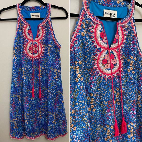 Savannah Jane Small Shop Vibrant Blue Floral Summer Shift Dress w/ Embroidery L‎ - Picture 1 of 6